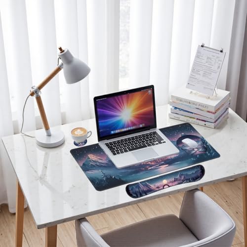 Fantasy City Desk Mat Set Night Moon Mountain Landscape Mouse Pad with Wrist Rest 4in1 Desk Mat for Desktop Ergonomic Keyboard Wrist Support Anti-Slip Computer Ergonomic Mouse Pad Home Office Gaming - color: Fantasy City