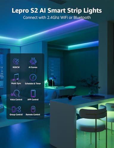 Lepro S2 AI Smart LED Strip Lights - 32.8ft RGBCW Light Strips with 2700K-5700K Tunable Warm White, Color Segment DIY, Personalized Al Lighting Designer, APP Control(No Remote), 2.4G Wi-Fi & Bluetooth - size: 32.8ft