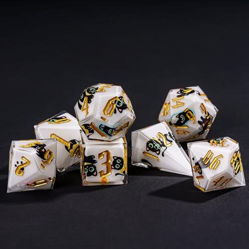 Cusdie 7-Piece Sharp Edges DND Dice Set - Cute Black Cat Stickers Inside - Perfect for Tabletop RPGs and Board Games - color: Black Cat Sticker