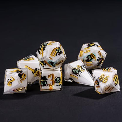 Cusdie 7-Piece Sharp Edges DND Dice Set - Cute Black Cat Stickers Inside - Perfect for Tabletop RPGs and Board Games - color: Black Cat Sticker