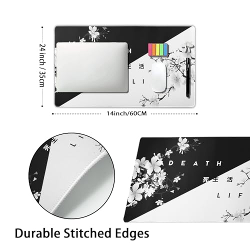 Black White Cherry Blossom Mouse Pad Large Japanese Sakura Death Life Desk Mat 60x35 cm Non-Slip Rubber Base Stitched Edge Large XL Playmat for Gaming Laptop Computer PC Desktop,24x14 Inch - color: Black White, size: 14" x 24"
