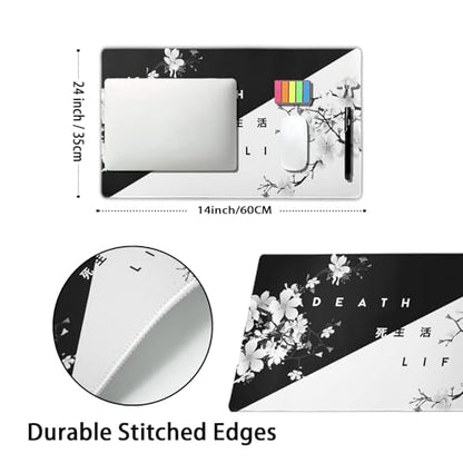 Black White Cherry Blossom Mouse Pad Large Japanese Sakura Death Life Desk Mat 60x35 cm Non-Slip Rubber Base Stitched Edge Large XL Playmat for Gaming Laptop Computer PC Desktop,24x14 Inch - color: Black White, size: 14" x 24"