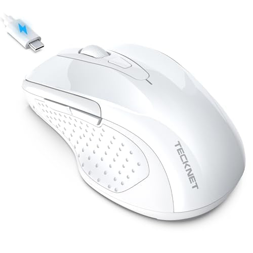 TECKNET Rechargeable Jiggler Wireless Mouse, Dual-Mode Connectivity, White | Silent USB A & Bluetooth Mouse, 6 Adjustable DPI, 6 Buttons, Ergonomic Design, Long Battery Life, Multi-Device Compatibility - color: White
