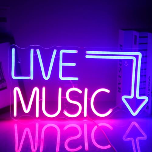 Live Music LED Neon Sign Dimmable Wall Decor for Music Studio,Bar,Party | 17in*6.7in,USB powered,Five level brightness adjustment,For wedding,dancing party,bar,Valentines' Day,Birthday Party - color: Live Music - Blue+Pink