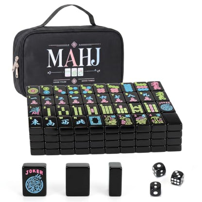 American Mahjong Tile Set, 166 Black Mah jongg Tiles,3 Dice & Bag | 1.2-Inch Engraved Tile, Melamine, Portable Mahjong Sets, for Travel, Family Game Night, and Gifting - color: Black
