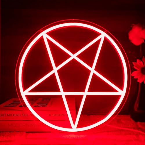 Allball Satanic Pentagram Neon Sign, Halloween Neon Light LED Gothic Pentagram Sign USB Powered Dimmable, for Halloween Party Game Room Home Bedroom Dorm College(13 * 13 In) - color: Red