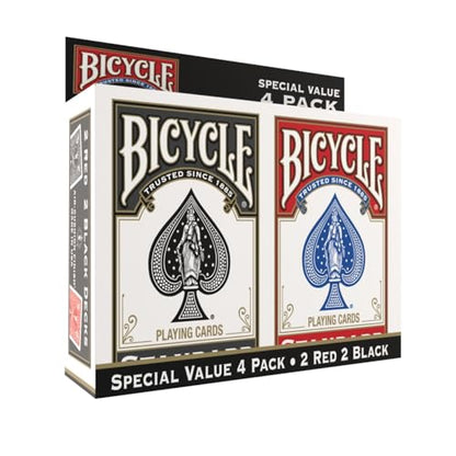 Bicycle Playing Cards 4 Pack Standard Index Poker Size Red and Black | Air Cushion Finish, Made in USA, 2 red and 2 black decks, 52 cards plus 2 Jokers per deck, For all card games