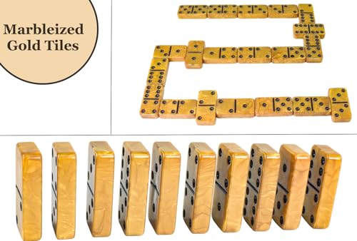 Dominos Set for Adults, Thick Domino, Double 6 Dominoes Set for Adults and Kids, 28 Marbleized Gold Tiles in Brown Leather Case, Travel Domino's Game Set - color: Gold