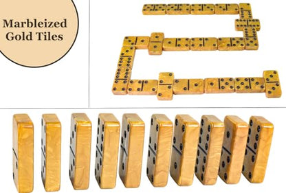 Dominos Set for Adults, Thick Domino, Double 6 Dominoes Set for Adults and Kids, 28 Marbleized Gold Tiles in Brown Leather Case, Travel Domino's Game Set - color: Gold