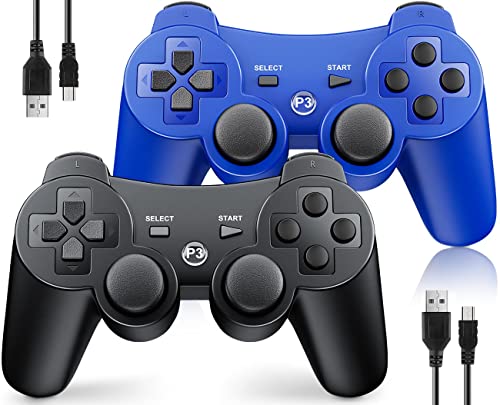 OKHAHA Controller 2 Pack for PS3 Wireless Controller for Sony Playstation 3, Double Shock 3, Bluetooth, Rechargeable, Motion Sensor, Remote for PS3 (No Stripes(Black + Blue)) - color: No Stripes(Black + Blue)