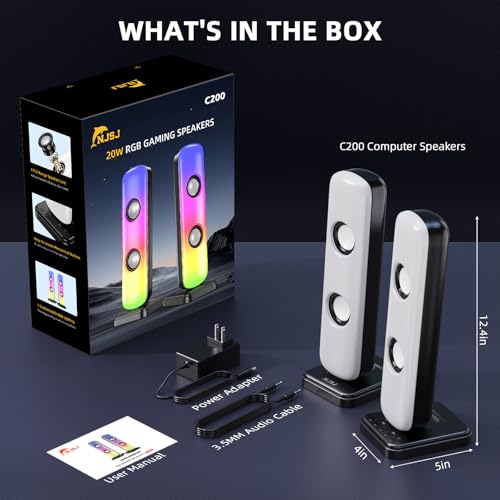 NJSJ Computer Speakers for Desktop, 20W Hi-Fi Stereo Gaming Speakers with Bluetooth & 3.5mm Aux-in Connection, Controllable RGB Lights, AC Adapter Powered PC Speakers for Laptop, Monitors, Phones, TV