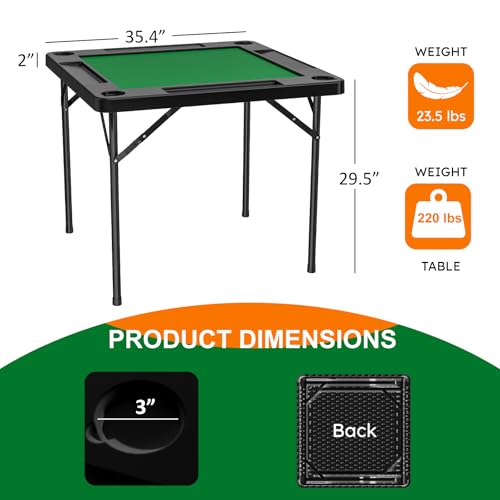 Mahjong Table, 35.4" Square Folding Card Table with Green Felt, Chip Trays, 4 Cup Holders, Multi-Game, Domino and Poker Tables for 4 Players, Foldable Tables for Jigsaw Puzzles, Black - color: Black