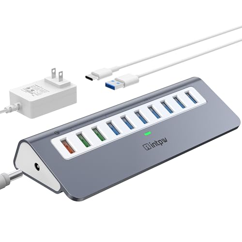 Powered USB Hub 10Gbps, 10 Port USB 3.2 Gen 2 Hub with 7 USB 3.2 Data Ports, 3 Fast Charging Ports, 36W Power Adapter, Type A and Type C Cable, Aluminum USB Hub for Laptop, Mac, PC - color: Grey, size: 7 data + 3 charging