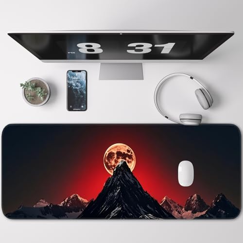 Gaming Mouse Pad, Large Desk Mat, Non-Slip Rubber Bottom, Stitched Edge Mouse Pad for Home, Office Desk, Gaming Keyboard Pad, 31.5 x 11.8 Inch, Desk Protector - color: Full Moon Mountain