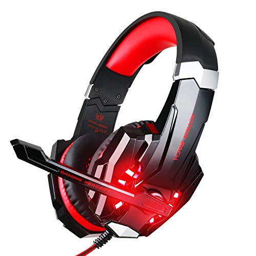 BlueFire Stereo Gaming Headset for PS4, PS5, PC, Xbox One, Noise Cancelling Over Ear Headphones with Mic, LED Light, Bass Surround, Soft Memory Earmuffs for Laptop Nintendo Switch (Black-Red) - color: Black-Red