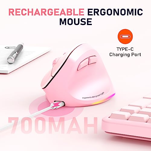 MEETION Ergonomic Wireless Vertical Mouse, Rechargeable, Pink | Bluetooth 5.2 + 3.0 and USB connectivity, RGB backlight, 4 DPI adjustment, compatible with Windows, Mac, Android, PC and iPad - color: Right Pink