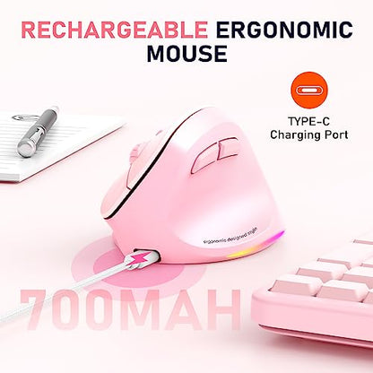 MEETION Ergonomic Wireless Vertical Mouse, Rechargeable, Pink | Bluetooth 5.2 + 3.0 and USB connectivity, RGB backlight, 4 DPI adjustment, compatible with Windows, Mac, Android, PC and iPad - color: Right Pink