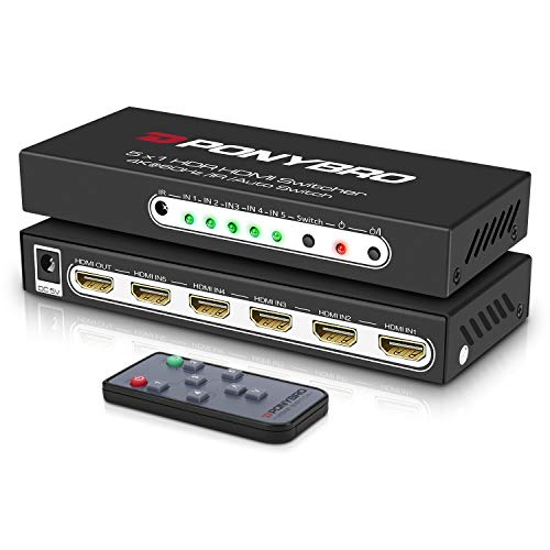 HDMI 2.0 Switch 5 Port 4K@60Hz Auto-Switching – 5 in 1 Out with Remote, HDR10, 3D, Ultra HD for PS5/Xbox/PC/Fire TV, Zero Delay