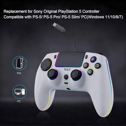RGB Wired Game Controller for PlayStation 5 Replacement Gamepad with Hall Effect Trigger for PS-5 & Windows PC Double Vibration Motion Sensing Joystick Remote Joypad with Turbo,Macro Mapping (White) - color: White