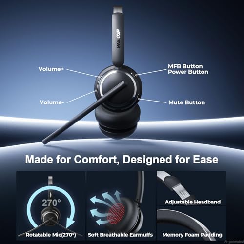 Wireless Headset with Mic for Work, USB A/C Dongle, Bluetooth 6.0 Headset with AI Noise Cancelling Microphone, Wireless Headphones with Mic Mute & 65H, Wireless Headset for PC/Computer/Laptop/Teams