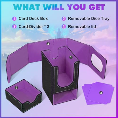 Card Deck Box for MTG Commander, Fits 100+ Double-Sleeved Cards Card Case | with Detachable Dice Tray, 2 Dividers, Removable lid, Trading Card Storage Box, Sturdy and Durable, Fits TCG/PTCG/Sports Card - color: Black and Purple