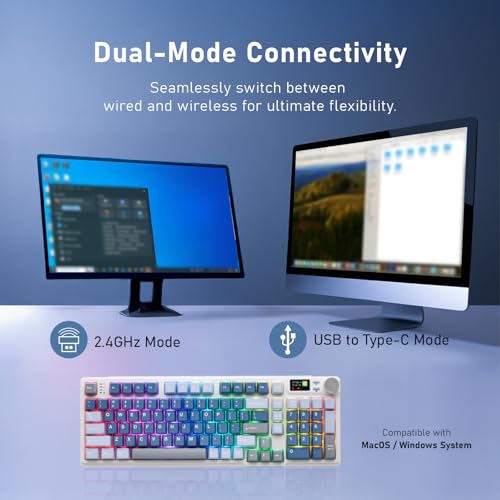iRocks K85R Wireless RGB Backlit Mechanical Gaming Keyboard with LCD Display, Hot-Swappable Pre-lubed Brown Switches, 98 PBT Keys, USB-C Detachable Cable (Aurora Blue, Bubble Switch) - color: Aurora Blue