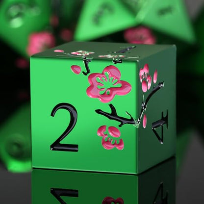 Matt Green Metal Dice Set, DNDND 7 PCS Heavy Metallic D&D Dice Set with Gorgeous Gift Case for Dungeons and Dragon Tabletop Game (Matte Green with Pink Flower) - color: Flower Green
