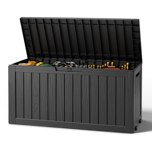 Outdoor Storage Box, Resin Deck Boxes Indoor and outdoor, Waterproof Storage Box Lockable Lid (Black, 85 Gallon) - color: Striped Black, style: 85 Gallon