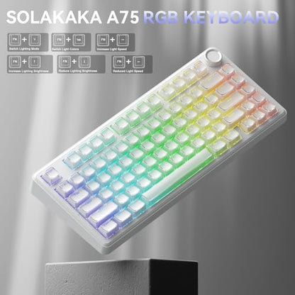 SOLAKAKA A75 Wireless Gaming Keyboard with Multifunction Knob, BT5.0/2.4GHz/USB-C, 75% Mechanical Keyboard, Hot-Swappable, Gasket Creamy Keyboard with RGB Backlit, Crystal Keycaps, for PC/Mac/PC - color: Crystal-White