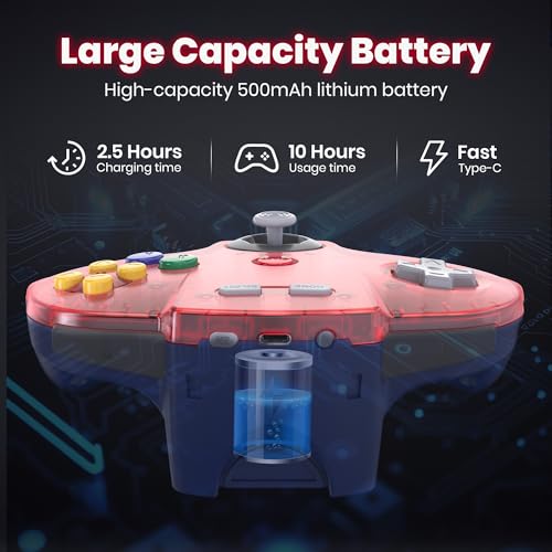 2 Pack Wireless N64 Controller for Switch 1/2, N64 Console,Clear Red/Black | (Built-in Vibration) (Rechargeable) (3D Analog Stick), 2.4 GHz USB & N64 Receiver Made for Switch Online, Windows PC, macOS - color: Transparent Red/Black