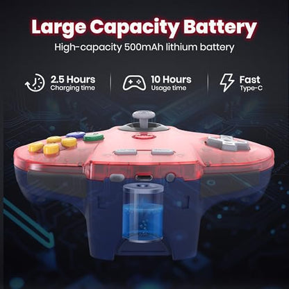 2 Pack Wireless N64 Controller for Switch 1 & 2, N64 Console, Clear Red | (Built-in Vibration) (Rechargeable) (3D Analog Stick), 2.4 GHz USB & N64 Receiver Made for Switch Online, Windows PC, macOS - color: Transparent Red