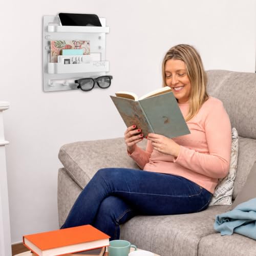 Bedside Shelf Wall Mount & Wall Nightstand for Bedroom,9 * 9.45inch Adhesive Nightstand Wallshelf with 5 Hooks,Wall Mount Shelf for Charging Station and Remote Control Holder(White) - color: White