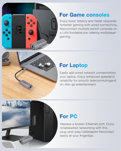 USB to Ethernet Adapter,Ethernet to USB,USBA to RJ45 for Nintendo Switch 2,Gigabit Ethernet Adapter, LAN Network for Laptop, MacBook,Chromebook,Surface, Desktop,PC and More (USB A with 3.0HUB) - size: USB A with 3.0HUB