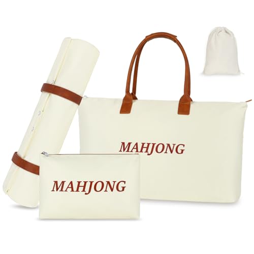 Yorige Empty Mahjong Bags 4 Pcs Set for American Tiles & Racks, Nylon Mahjong Tote Bag with Tiles Bag, Protective Sleeve for Rack Pushers, Drawstring Bag for Game Nights Parties Gifts - color: Beige
