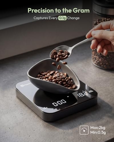 Maestri House S2 Espresso Coffee Scale with Timer 0.1g Precision Shot Scale | USB-C Rechargeable, Dual Timing Modes, 2kg/0.1g Digital Scale with Borosilicate Glass Top for Espresso and Pour-Over Brewing - color: Black&Silver