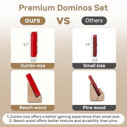 Jumbo Dominos Set for Adults with 4 Wooden Racks/Trays, Double 6 Dominoes Travel Set with Portable Case Double Six Dominoes Set with 4 Tiles Holders, 28 Tiles Dominos Set for Family Board Games - color: Red