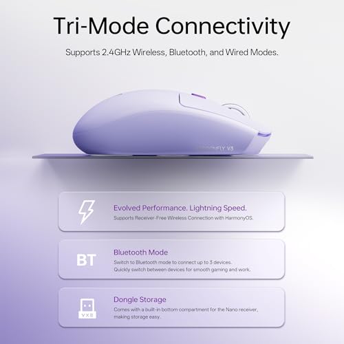 VXE Dragonfly V3 Wireless Gaming Mouse, Xhero Al Sensor, DPI up to 15,000, 54g Lightweight, 120Hr Battery Life, Ice-Feeling Coating, 6 Programmable Buttons, Tri-Mode 2.4G/Bluetooth/Wired - White - color: White, style: V3