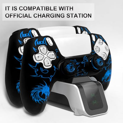 PS5 Controller Silicone Cover with Laser-Engraved Dragon Design - Non-Slip Grip Skin + 2 Dragon Thumbstick Caps | Stylish Protective Case for PlayStation 5 Controller - color: Lightning Dragon Blue
