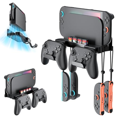 Wall Mount for Nintendo Switch 2 /Switch OLED/Switch Console, Switch 2 holder with Storage 8 Card Slots,2 Pro Controller and 4 Joycon Hanger-Install Behind TV, Black