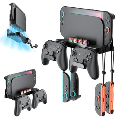 Wall Mount for Nintendo Switch 2 /Switch OLED/Switch Console, Switch 2 holder with Storage 8 Card Slots,2 Pro Controller and 4 Joycon Hanger-Install Behind TV, Black