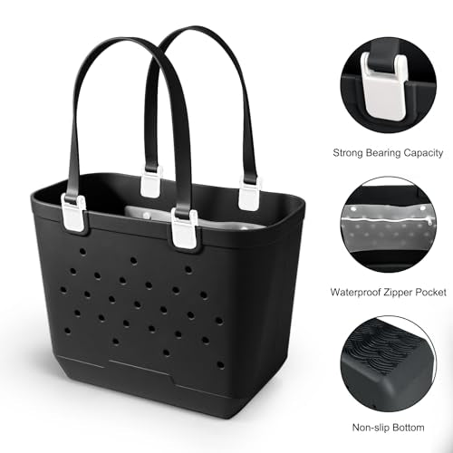 X-Large Rubber Beach Tote Bag, 18.9 "L x 9.4 "W x 13.8 "H Waterproof EVA Beach Totes with Zipper Pocket - color: Black
