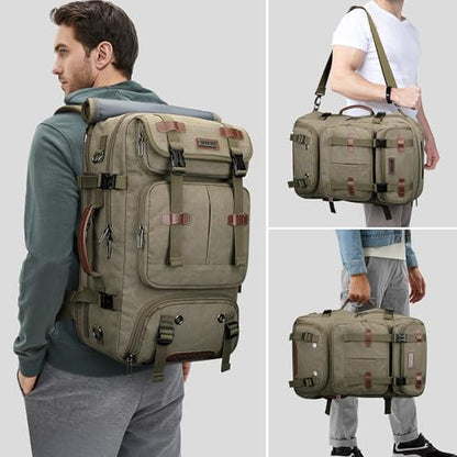 WITZMAN Travel Backpack for Men 40L Large Carry-on Airline Approved | Canvas 3 in 1 Duffle Luggage Bag Fits 16“ Laptop, Shoe Compartment, For Weekend Getaway, Overnight Trip - color: Army Green
