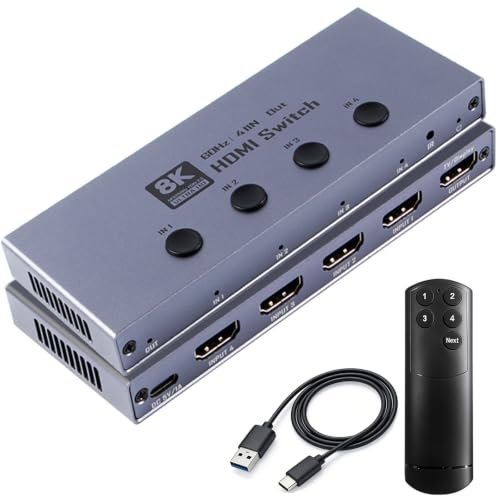 HDMI Switch 4 in 1 Out, 8K@60Hz HDMI 2.1 Switcher with Remote, 48Gbps | 4 Port HDMI Selector for Gaming Console, PC & TV Box to TV, Monitor or Projector; 4K@240Hz, HDR10+, VRR, ALLM & CEC