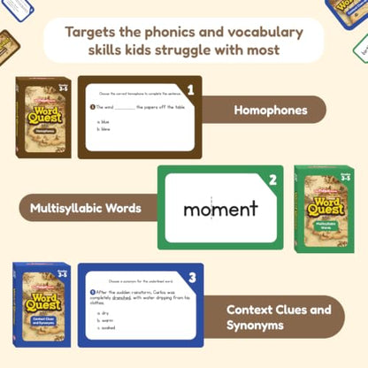 THE FIDGET GAME Word Quest, Vocabulary Building Flash Card Game, Grades 3-5 Ages 8-11, Multisyllabic, Homophones, Context Clues & Synonyms