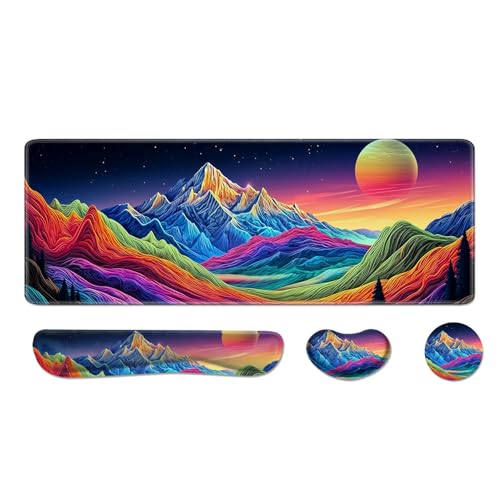 Desk Pad and Keyboard Wrist Rest, Large Mouse Pad + Keyboard Pad+Mouse Wrist Support, Non-Slip Desk Mat Protector for Office, Home 31.5×11.8 Inches Dazzling Galaxy - color: Colorful Mountain