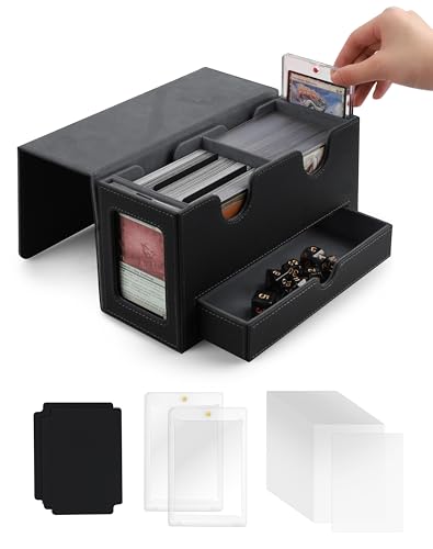 MRAUF MTG Deck Box with Double Commander Display and Dice Tray, Fits 200+ Double Sleeved Cards, Card Storage Box Plus 2 Magnetic Holders& 100Pcs Card Sleeves (Black) - color: Black