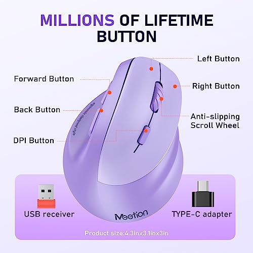 MEETION Ergonomic Mouse, Wireless Vertical Mouse RGB Backlit, Rechargeable Mice for Bluetooth(5.2+3.0) & USB-A with USB-C Adapter, 4 Adjustable DPI Compatible Mac/Windows/Andriod/PC/Tablet/iPad Purple - color: Purple
