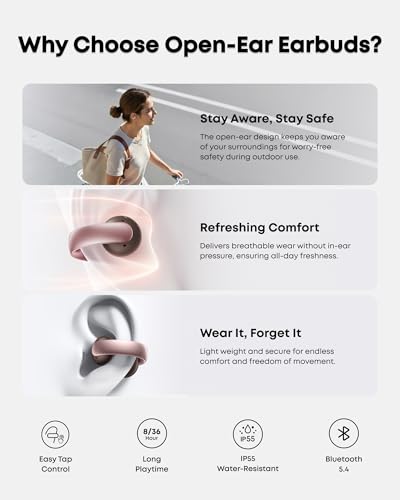 Soundcore AeroClip by Anker, Open-Ear Earbuds, Clip-On Headphones, Adaptive Comfort, Clear Calls with 4 Mics and AI, Stable Fit, 12mm Drivers for Powerful Bass, Hi-Res, Open-Ring Design | Ultra-Comfort for Running Workout, Stable, Power Bass, Hi-Res, 32H