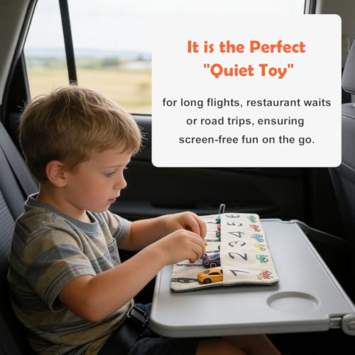 Portable Toy Car Storage Roll and Playmat - Travel Car Carrier Organizer Case for 6 Small Cars - Compatible with Hot Wheels & Matchbox, Toddler Quiet Play Activity Mat for Airplane