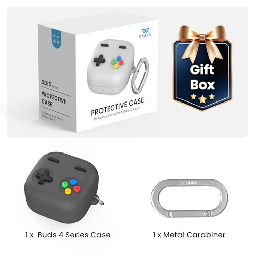 Delidigi Retro Gaming Case Compatible with Samsung Galaxy Buds 4 Pro & Galaxy Buds 4 (2026) – Silicone Protective Cover with Carabiner Game Console Style Earbuds Case Accessories - color: Deep Grey, size: Galaxy Buds 4/Galaxy Buds 4 Pro (2026)